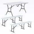 White Granite Fold-in-Half Table with 2 Folding Benches O3726