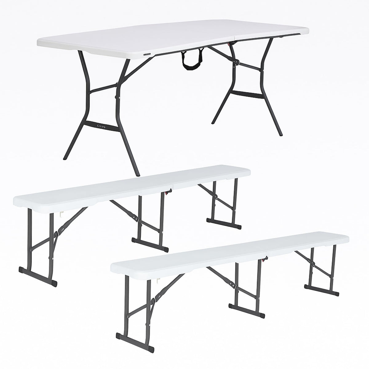 White Granite Fold-in-Half Table with 2 Folding Benches O3726