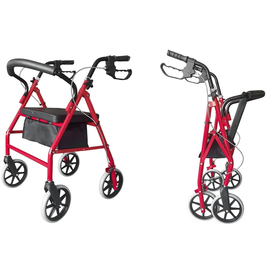 Foldable Rollator Walker with Seat & Wheels, Height Adjustable, 286lbs Weight Capacity, Red J2401