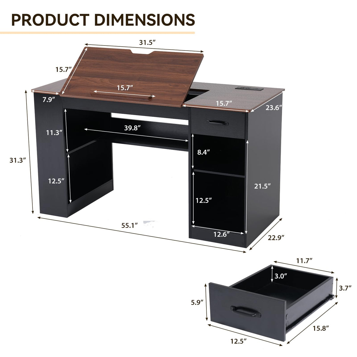 55.1" Black Drafting Table L76841