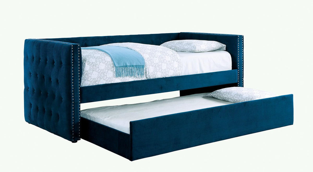 Navy Daybed with Trundle Button Tufted Upholstery Y678