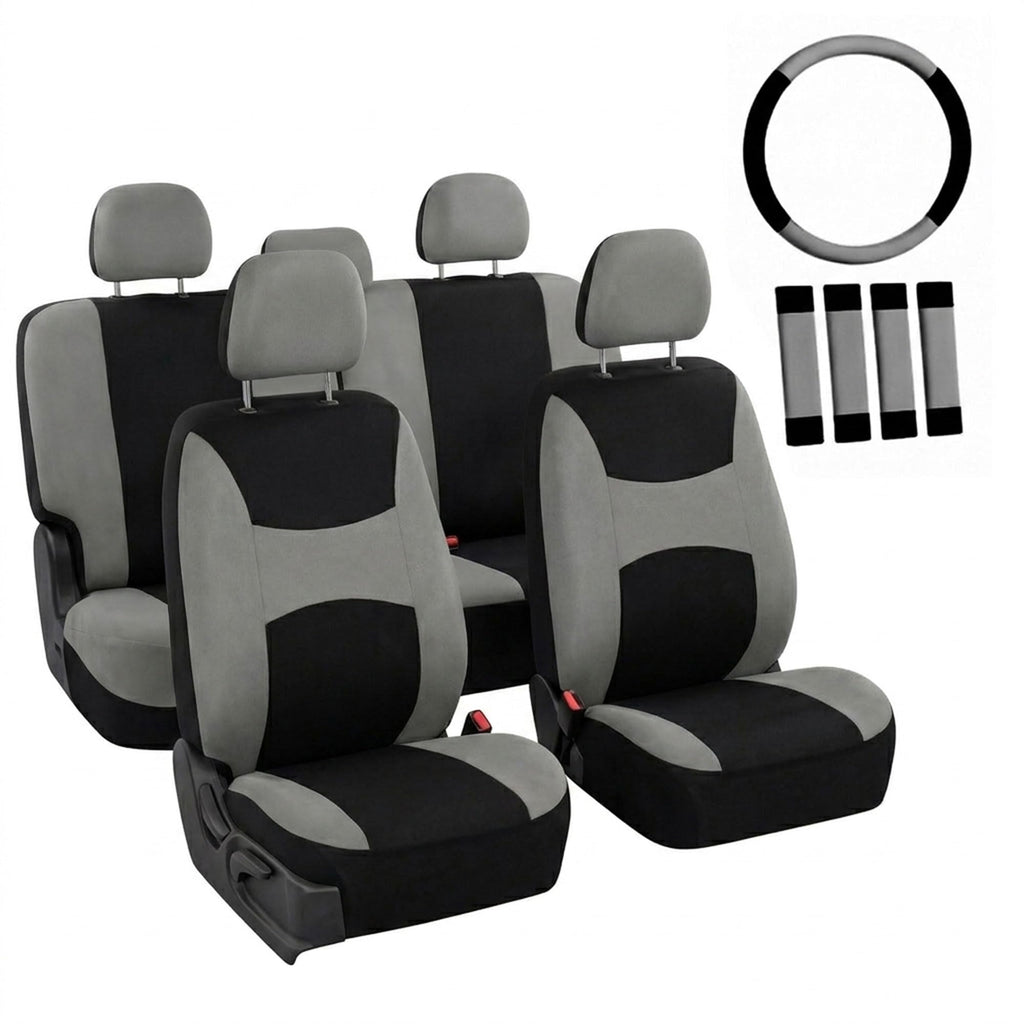 Gray Black Universal Fit Automotive Seat Covers Combo Set with Steering Wheel Cover and Seat Belt Pad P28453