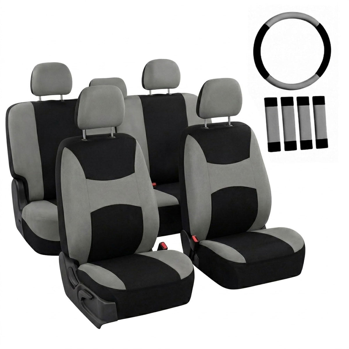 Gray Black Universal Fit Automotive Seat Covers Combo Set with Steering Wheel Cover and Seat Belt Pad P28453