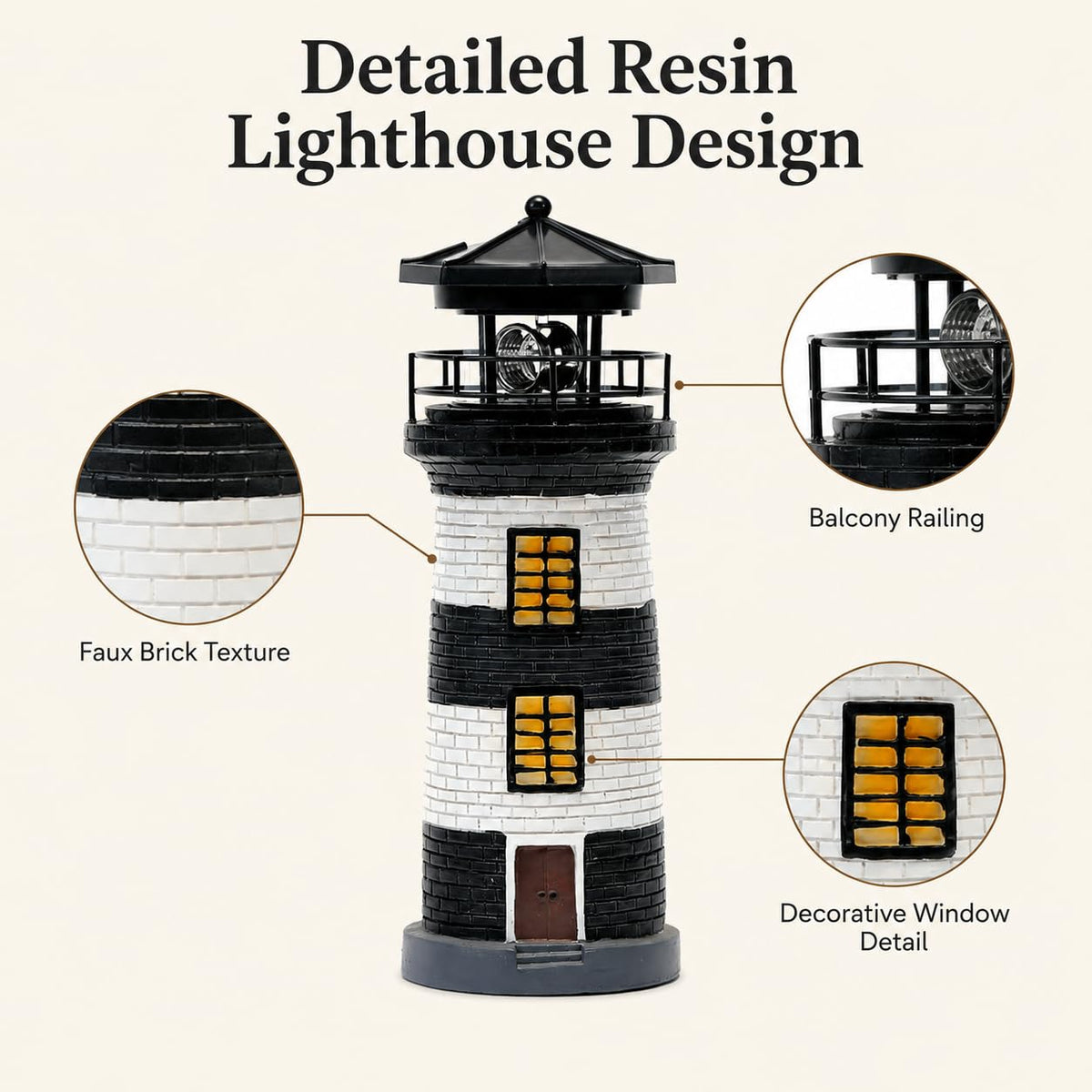 Solar Lighthouse Garden Light, Resin Outdoor Lighthouse Ornament with Rotating LED Beacon T21126