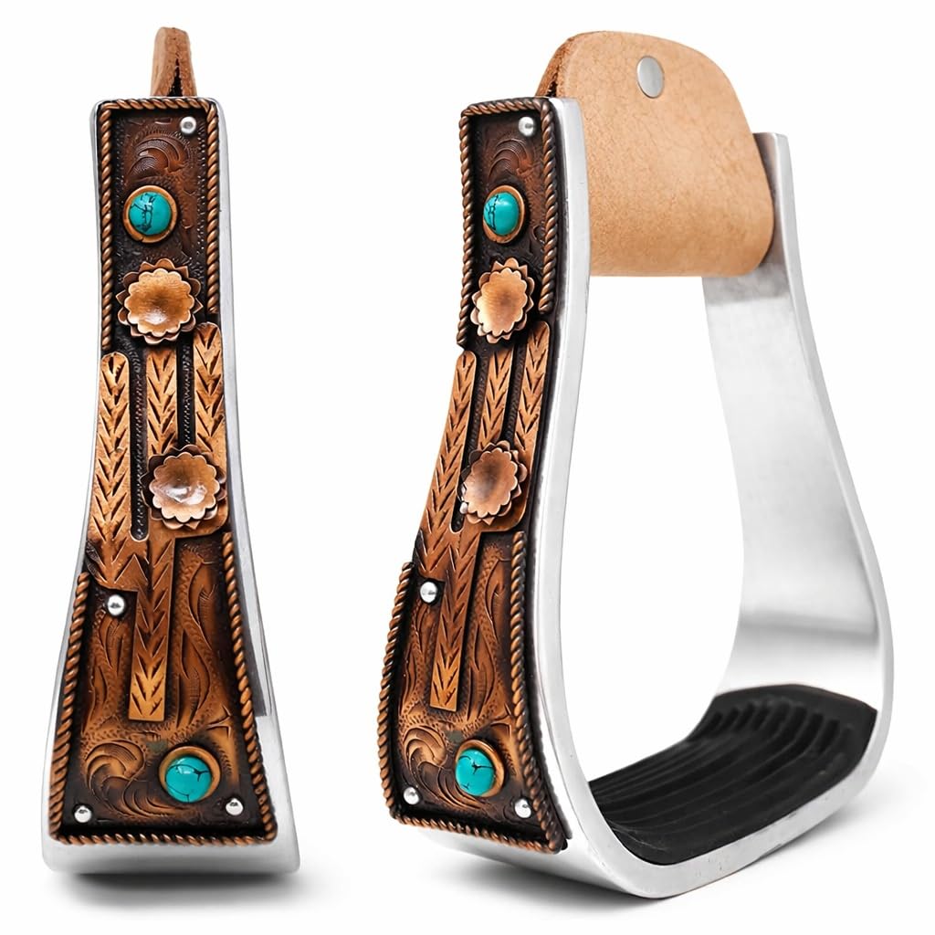 Aluminum Antique Copper Engraved Western Saddle Stirrups R402816