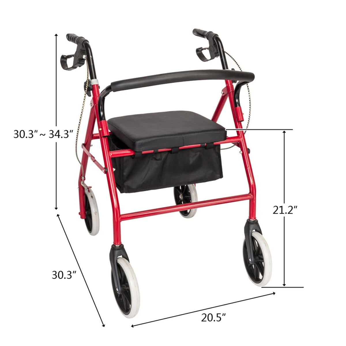 Foldable Rollator Walker with Seat & Wheels, Height Adjustable, 286lbs Weight Capacity, Red J2401