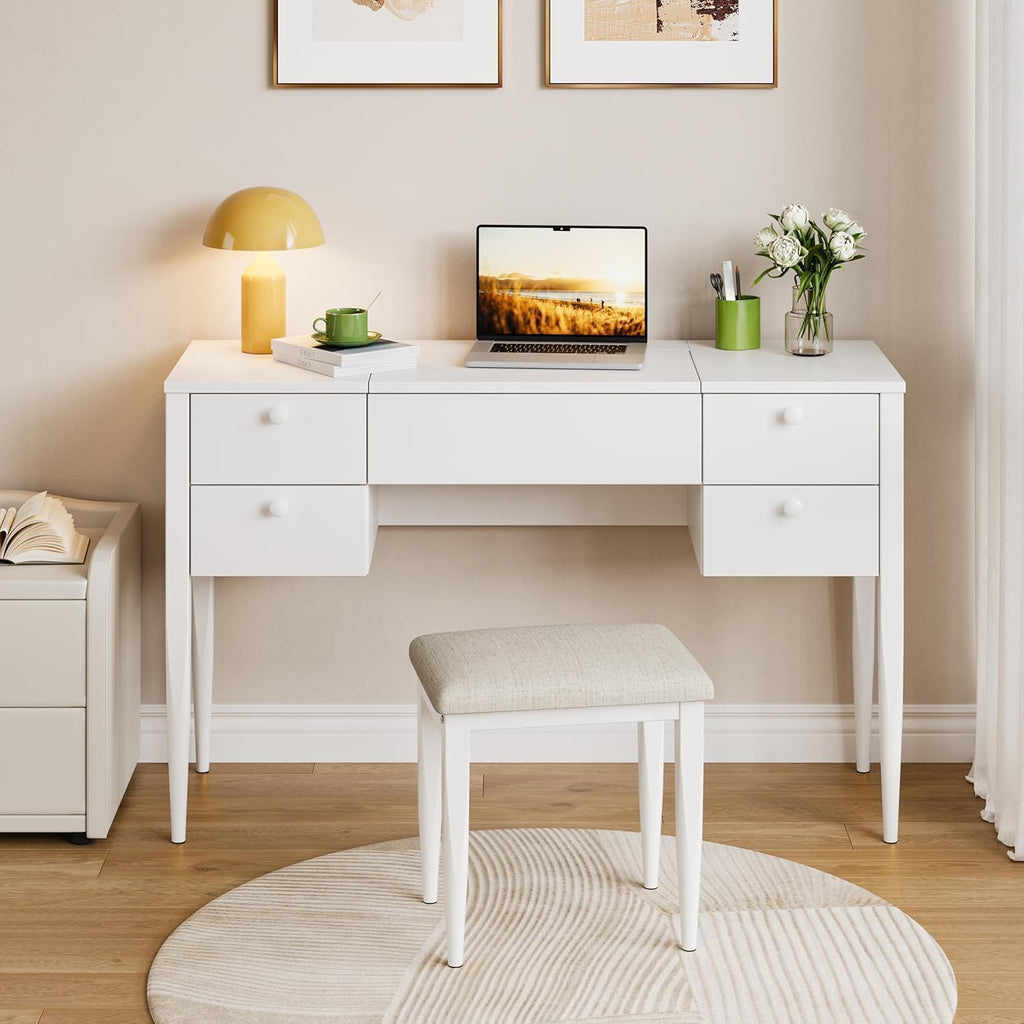 White Makeup Vanity Desk with Flip Top Mirror and Chair Q129