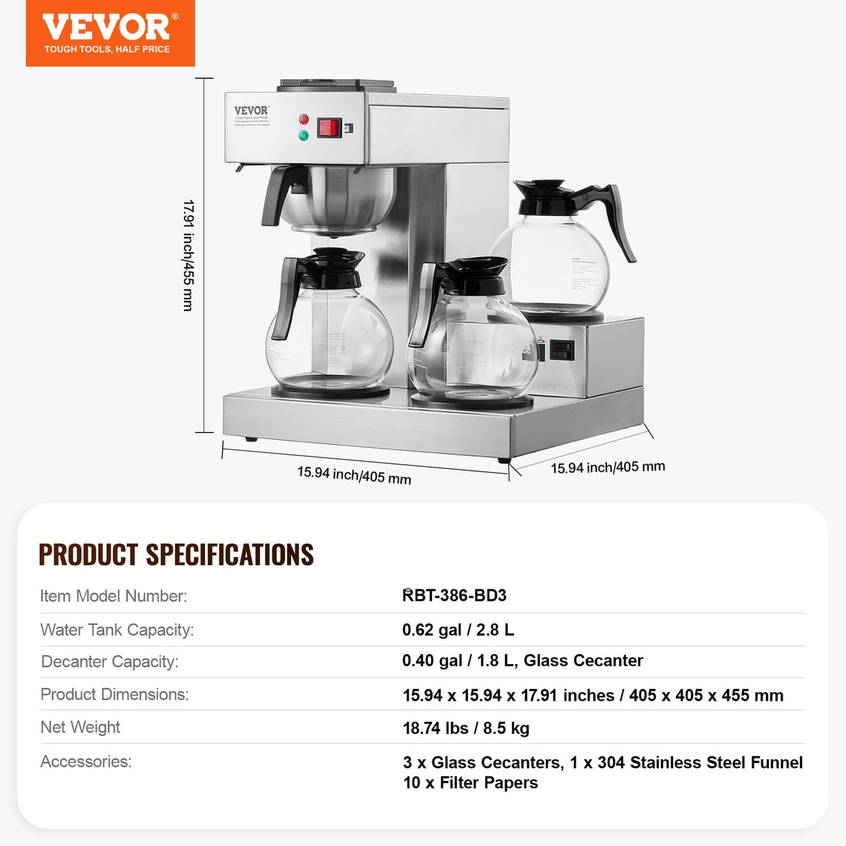 12 Cups Commercial Drip Coffee Maker with 3 Glass Carafes and Warmer Plates W856253