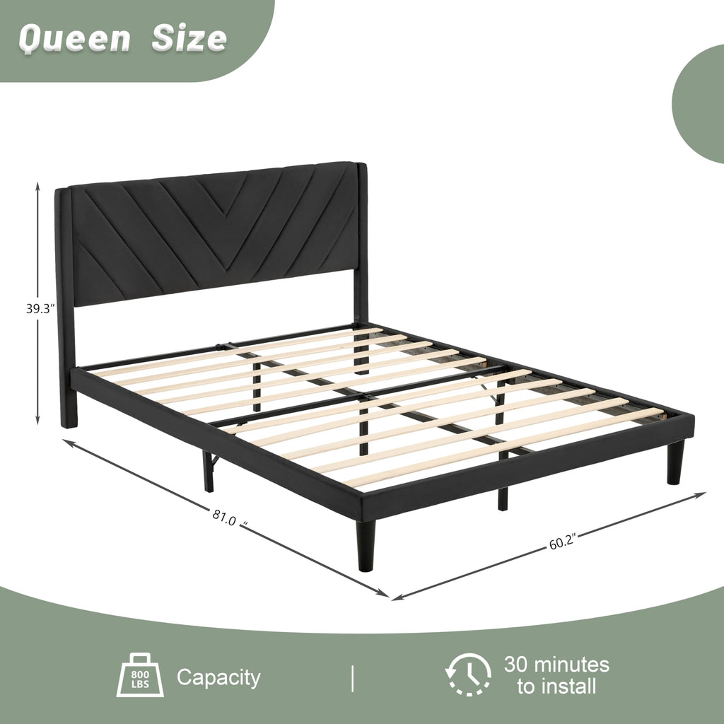 Queen Size Velvet Platform Bed Frame with Headboard B457592