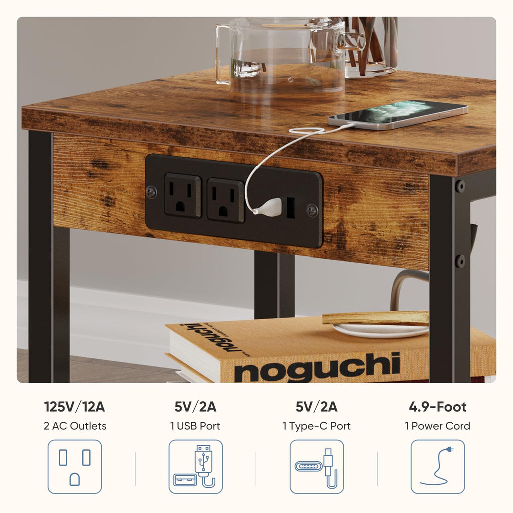 Nightstand with Charging Station, 3-Tier Bedside Table Y6674