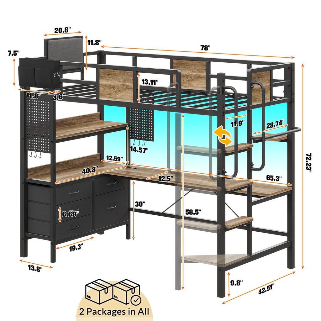 Twin Size Loft Bed with Desk and 5 Drawer N252414