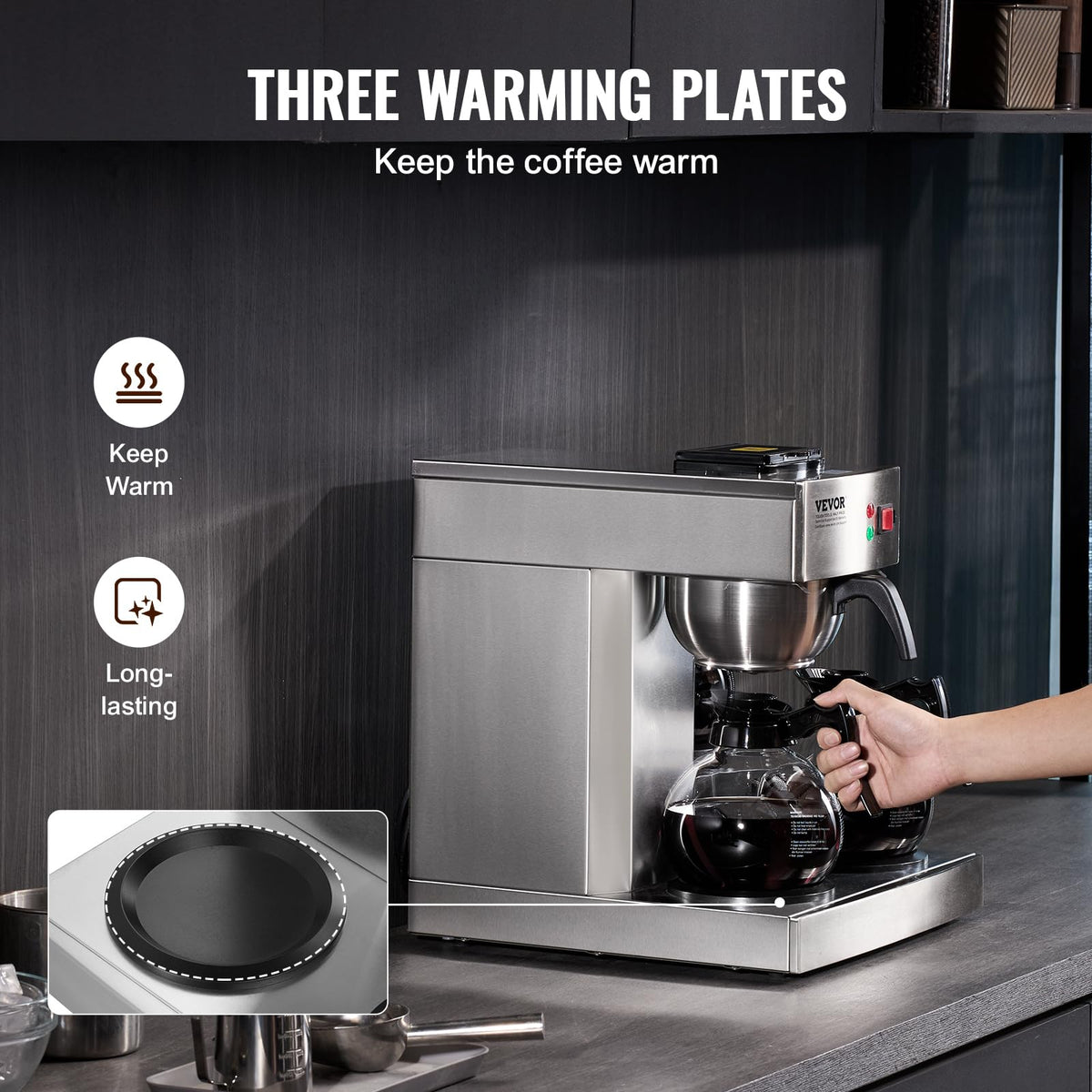12 Cups Commercial Drip Coffee Maker with 3 Glass Carafes and Warmer Plates W856253