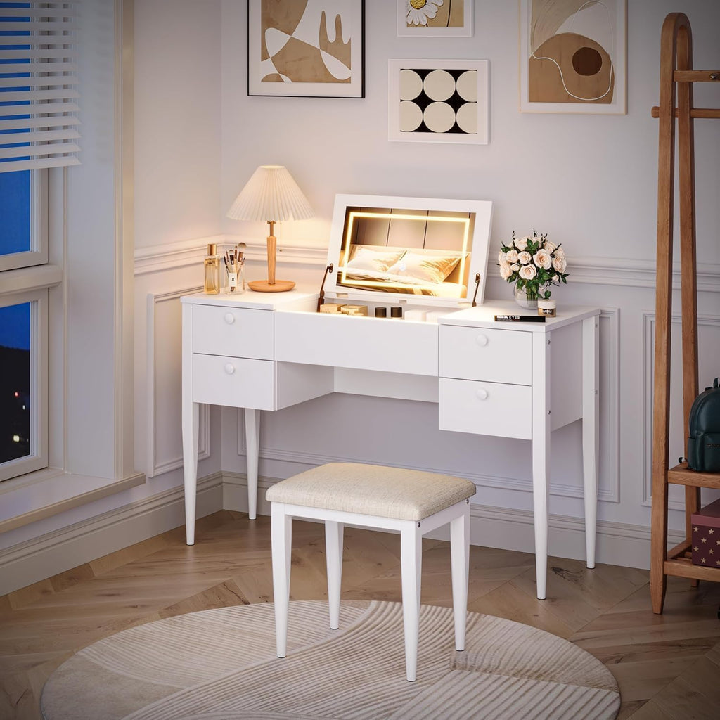 White Makeup Vanity Desk with Flip Top Mirror and Chair Q129