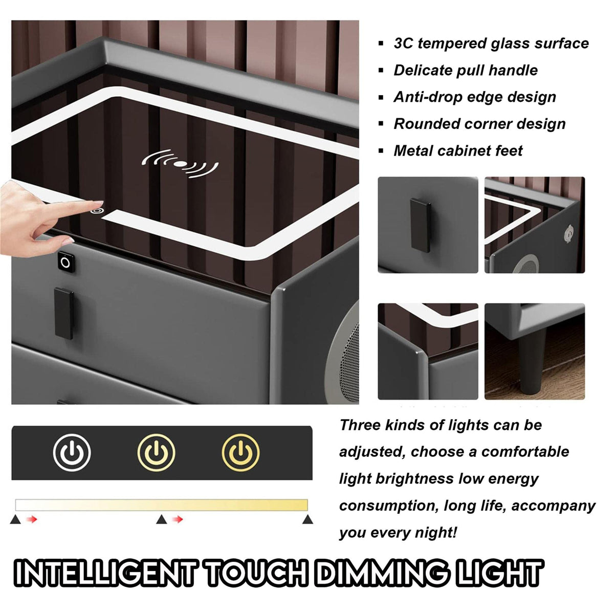 White 3 Drawer Bed End Table with Wireless Charging Q155219
