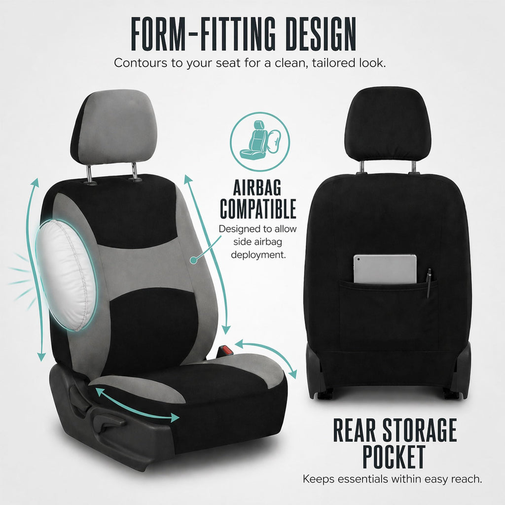 Gray Black Universal Fit Automotive Seat Covers Combo Set with Steering Wheel Cover and Seat Belt Pad P28453