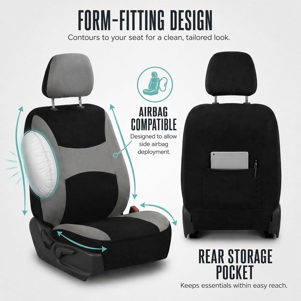 Gray Black Universal Fit Automotive Seat Covers Combo Set with Steering Wheel Cover and Seat Belt Pad P28453