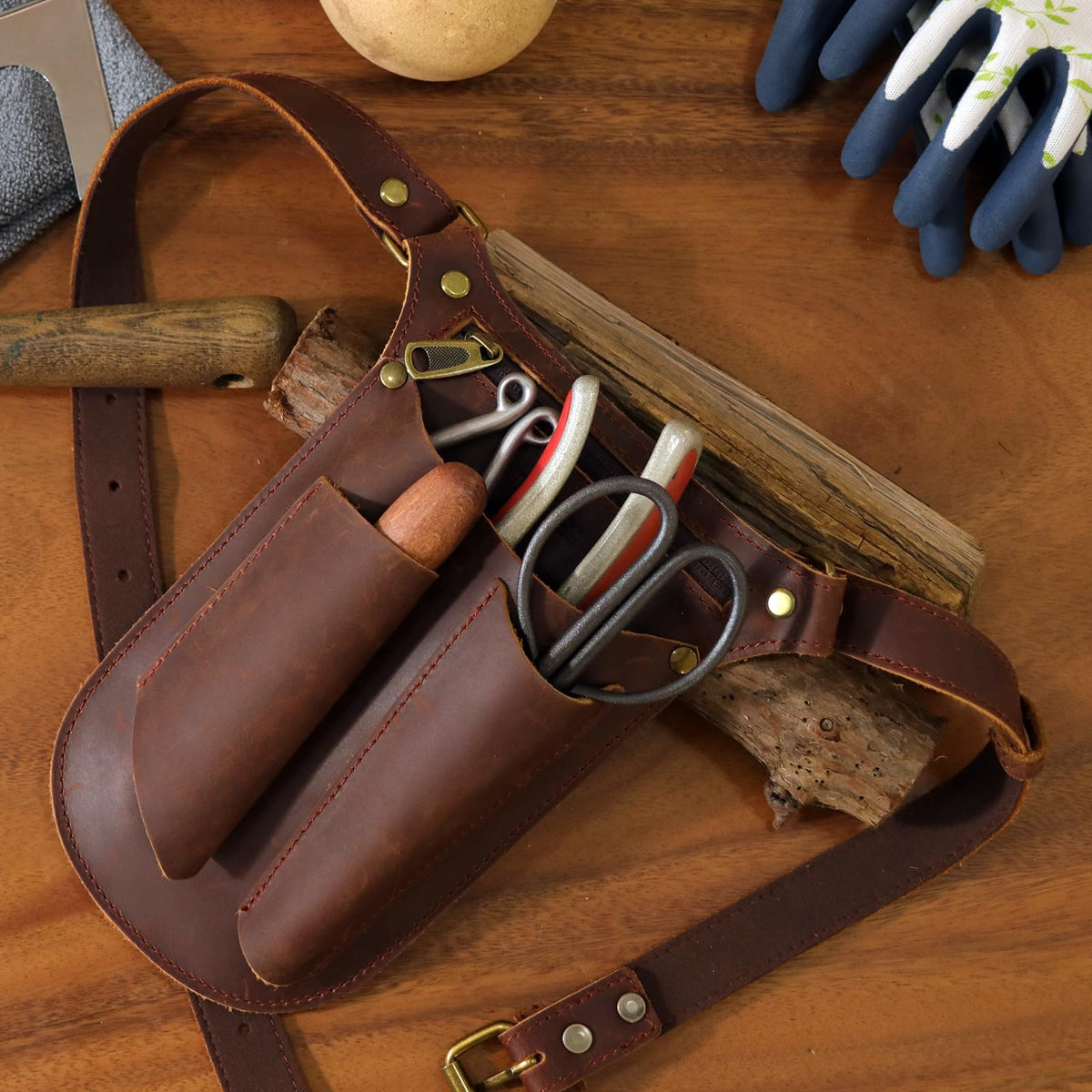 Brown Leather Gardening Tool Belt with 4 Pockets Y1867