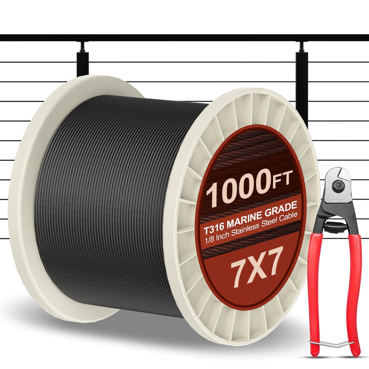 1000FT 1/8" Black Stainless Steel Cable with Cutter Y409427