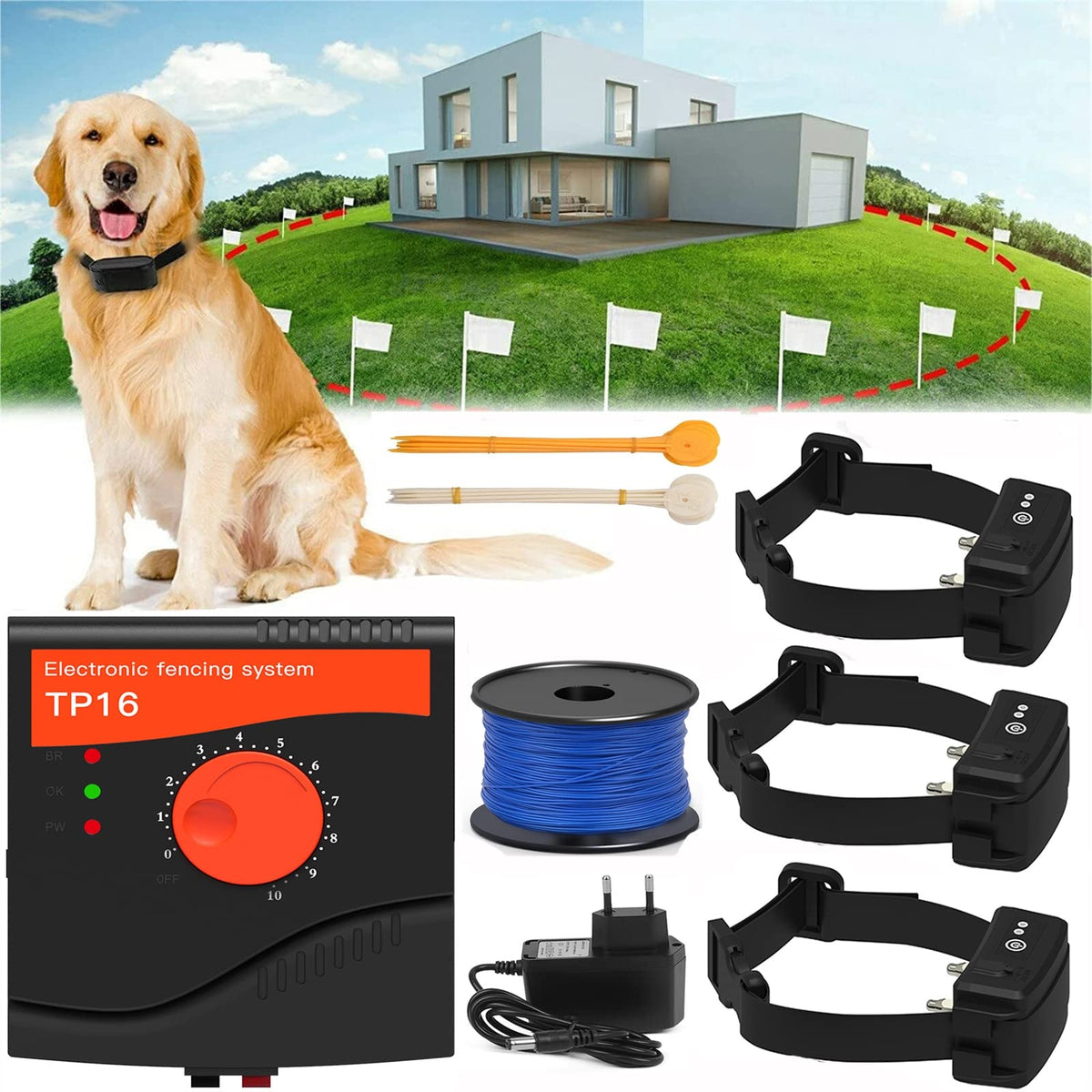 Electric Dog Fence, 984 Ft Wire, IP66 Waterproof Receiver V67877
