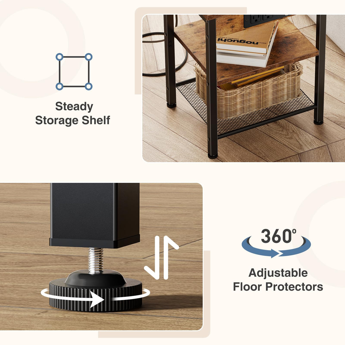 Nightstand with Charging Station, 3-Tier Bedside Table Y6674