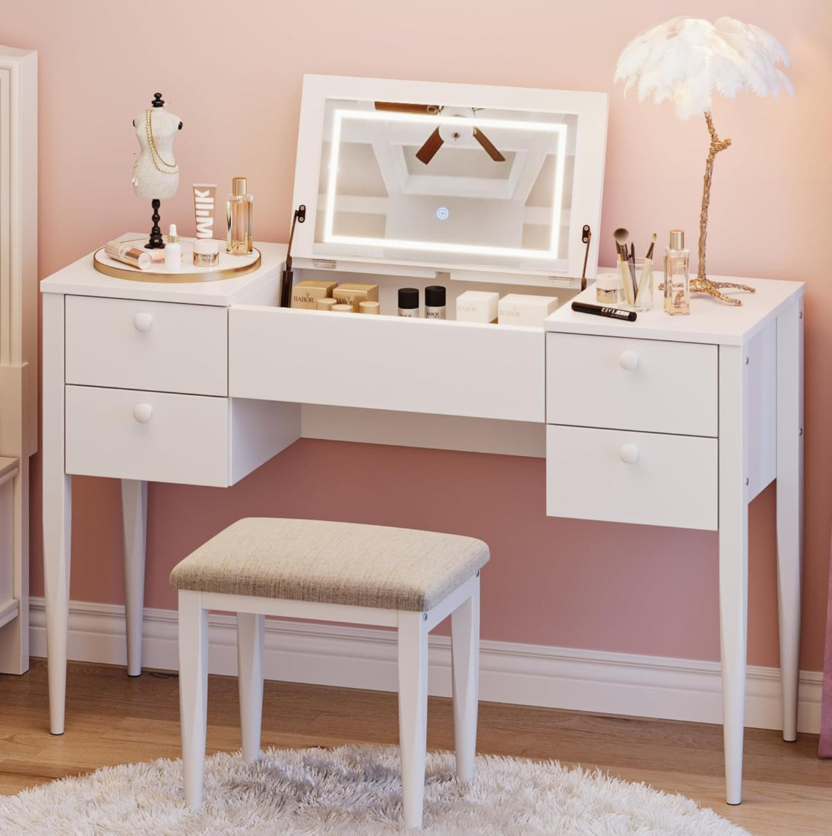 White Makeup Vanity Desk with Flip Top Mirror and Chair Q129