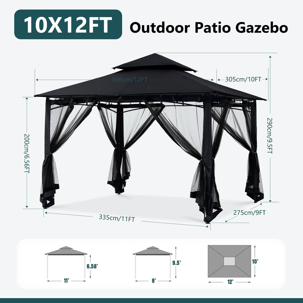 10x12 ft Heavy Duty Patio Gazebo with Netting Walls J29682