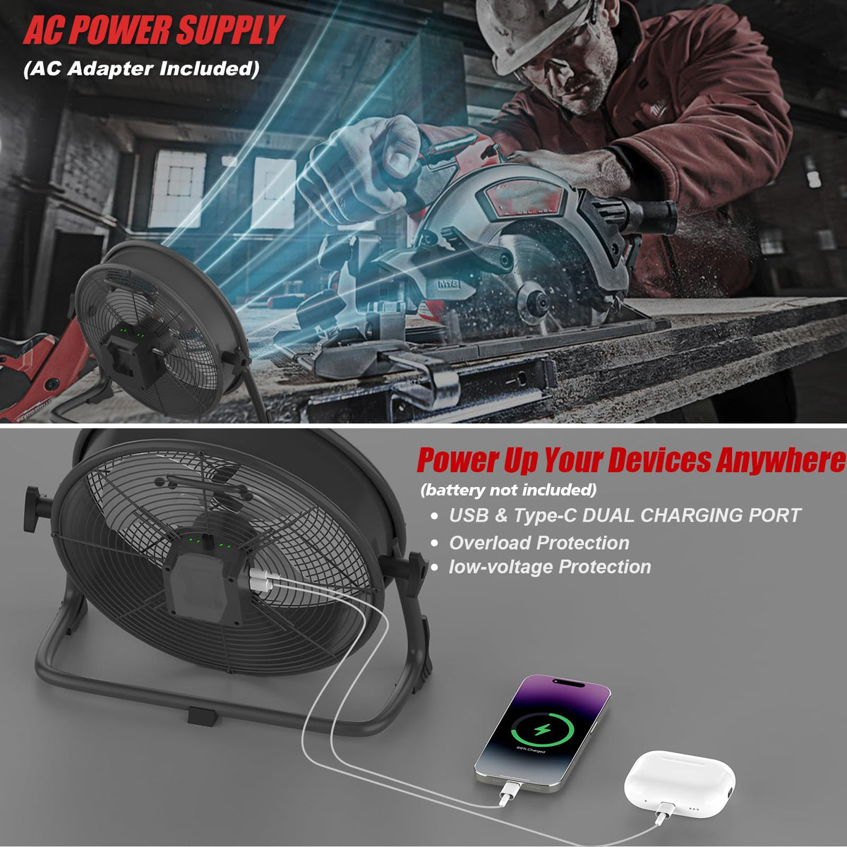 16" Battery Powered Cordless Floor Fan E7803