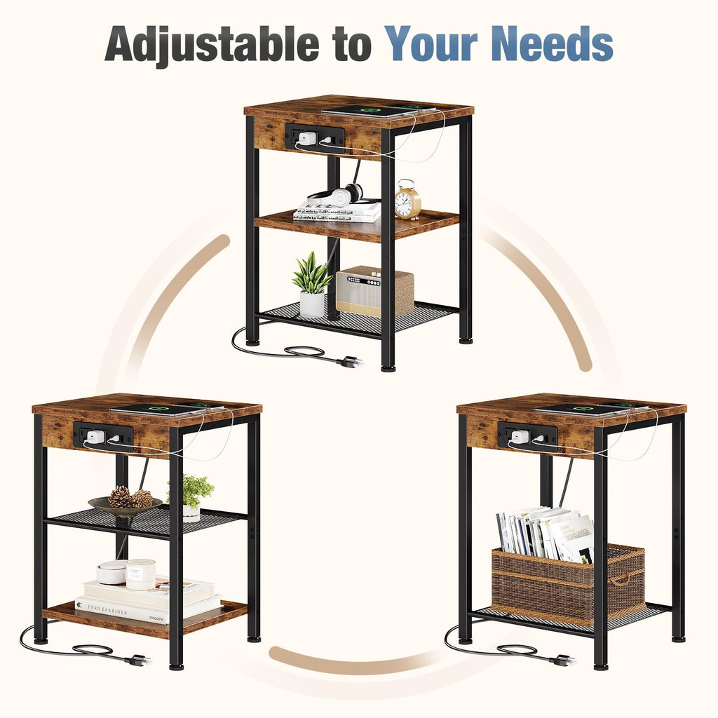 Nightstand with Charging Station, 3-Tier Bedside Table Y6674