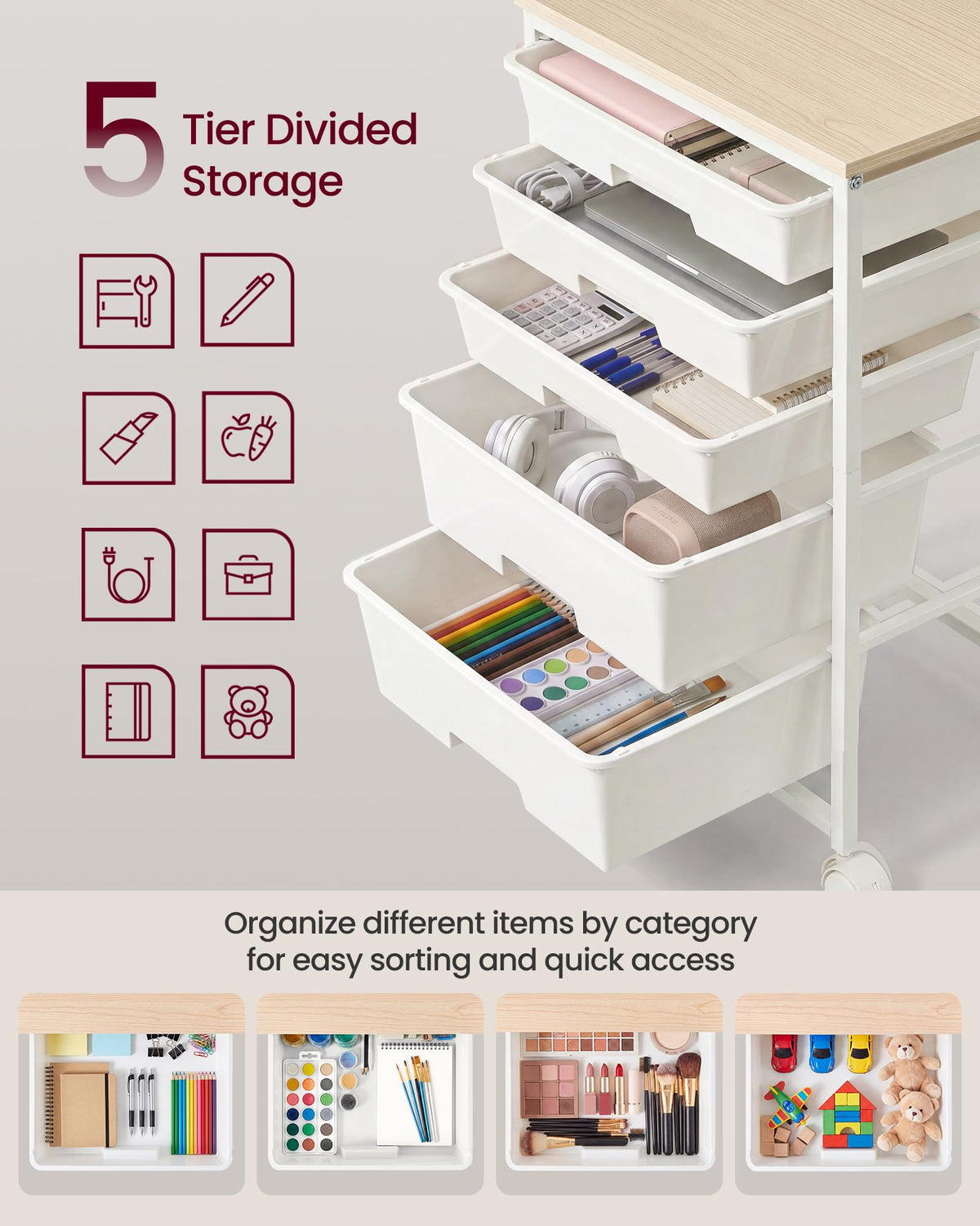 White 5 Drawers Rolling Cart L888699