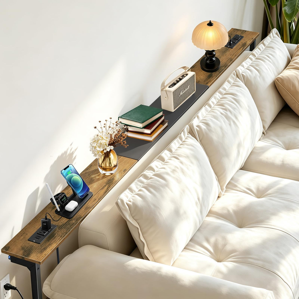 Rustic Brown Narrow Console Table with 2 Power Outlets I2436