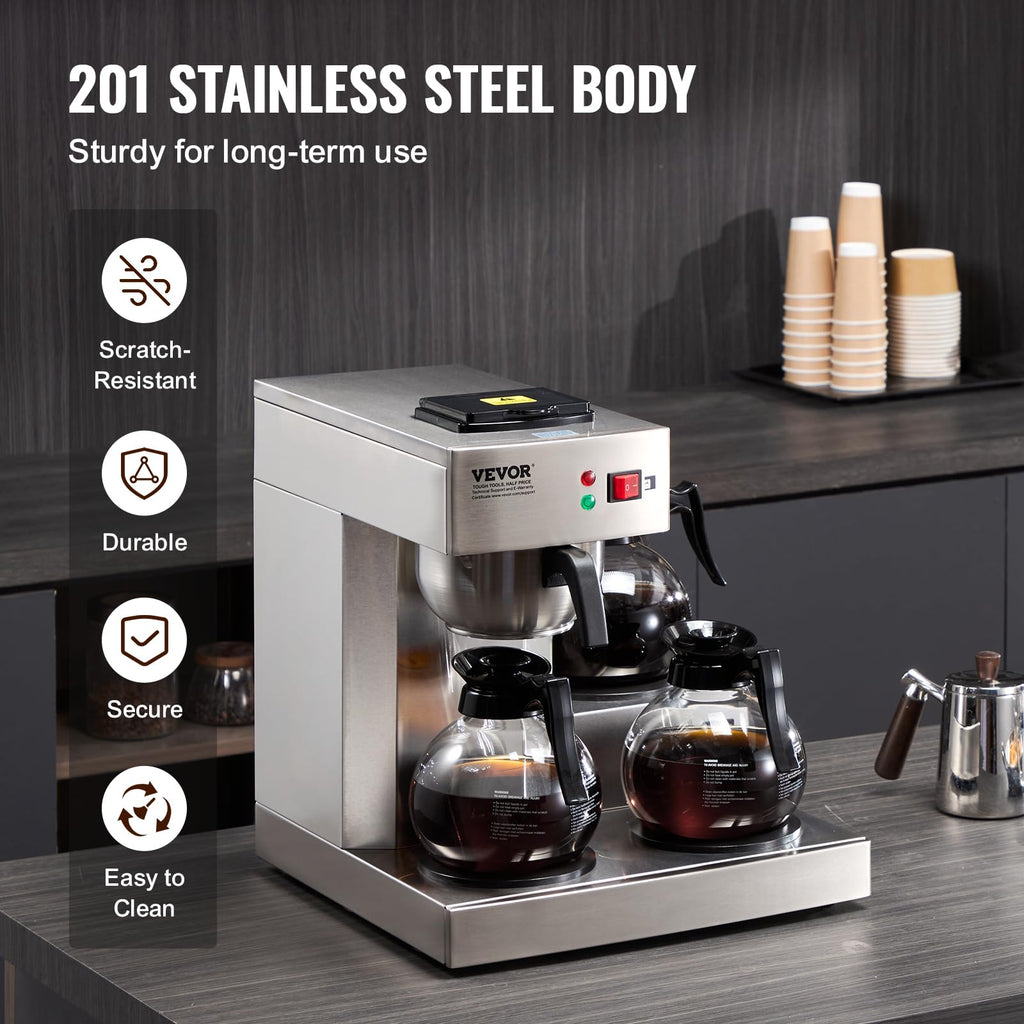 12 Cups Commercial Drip Coffee Maker with 3 Glass Carafes and Warmer Plates W856253
