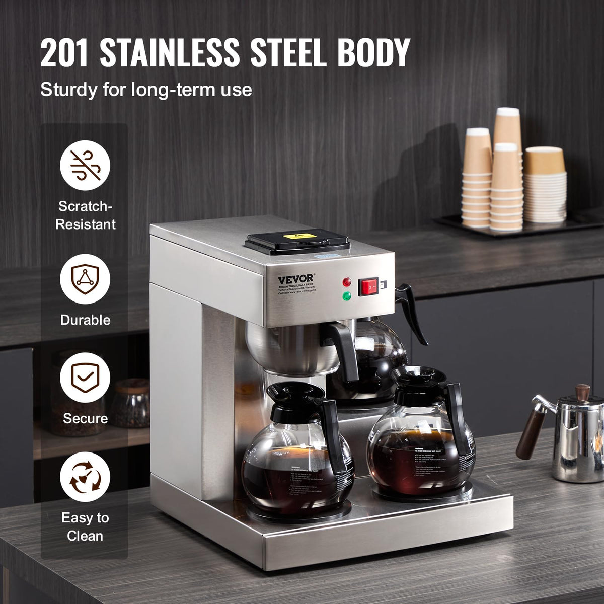 12 Cups Commercial Drip Coffee Maker with 3 Glass Carafes and Warmer Plates W856253