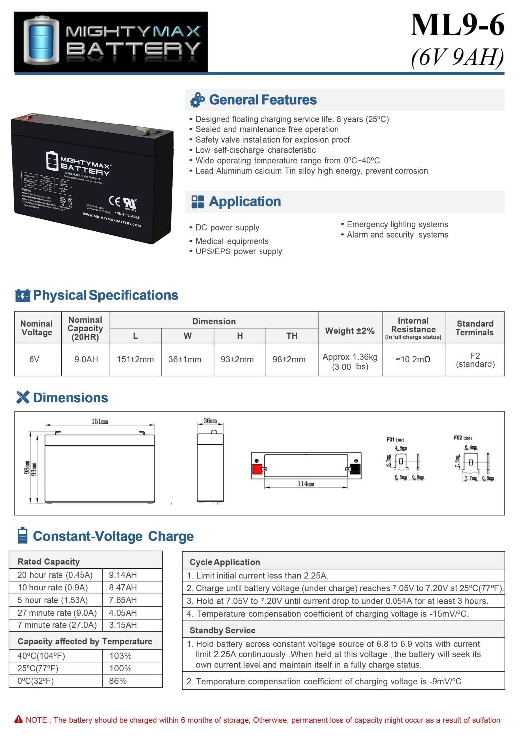 6V 9Ah AGM F2 Terminal Battery 4 Pack B36937