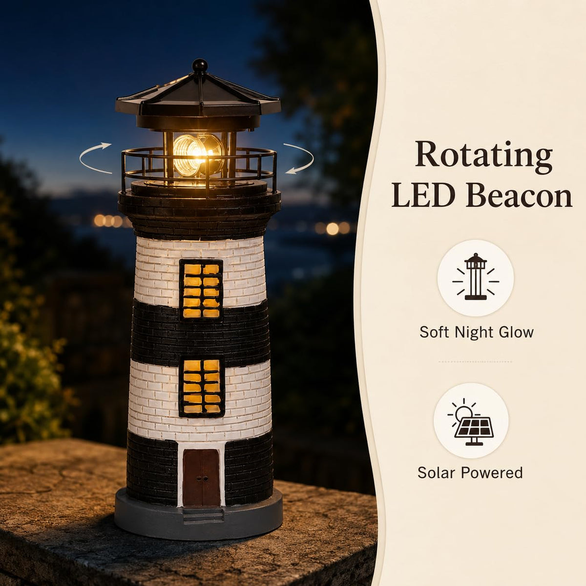 Solar Lighthouse Garden Light, Resin Outdoor Lighthouse Ornament with Rotating LED Beacon T21126