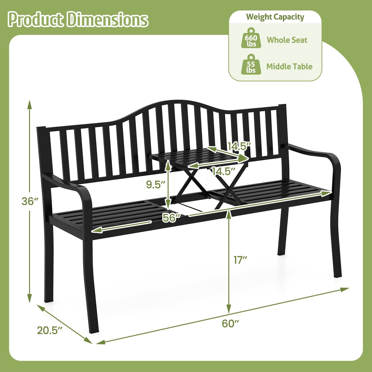 60” Metal Outdoor Garden Park Bench R83288