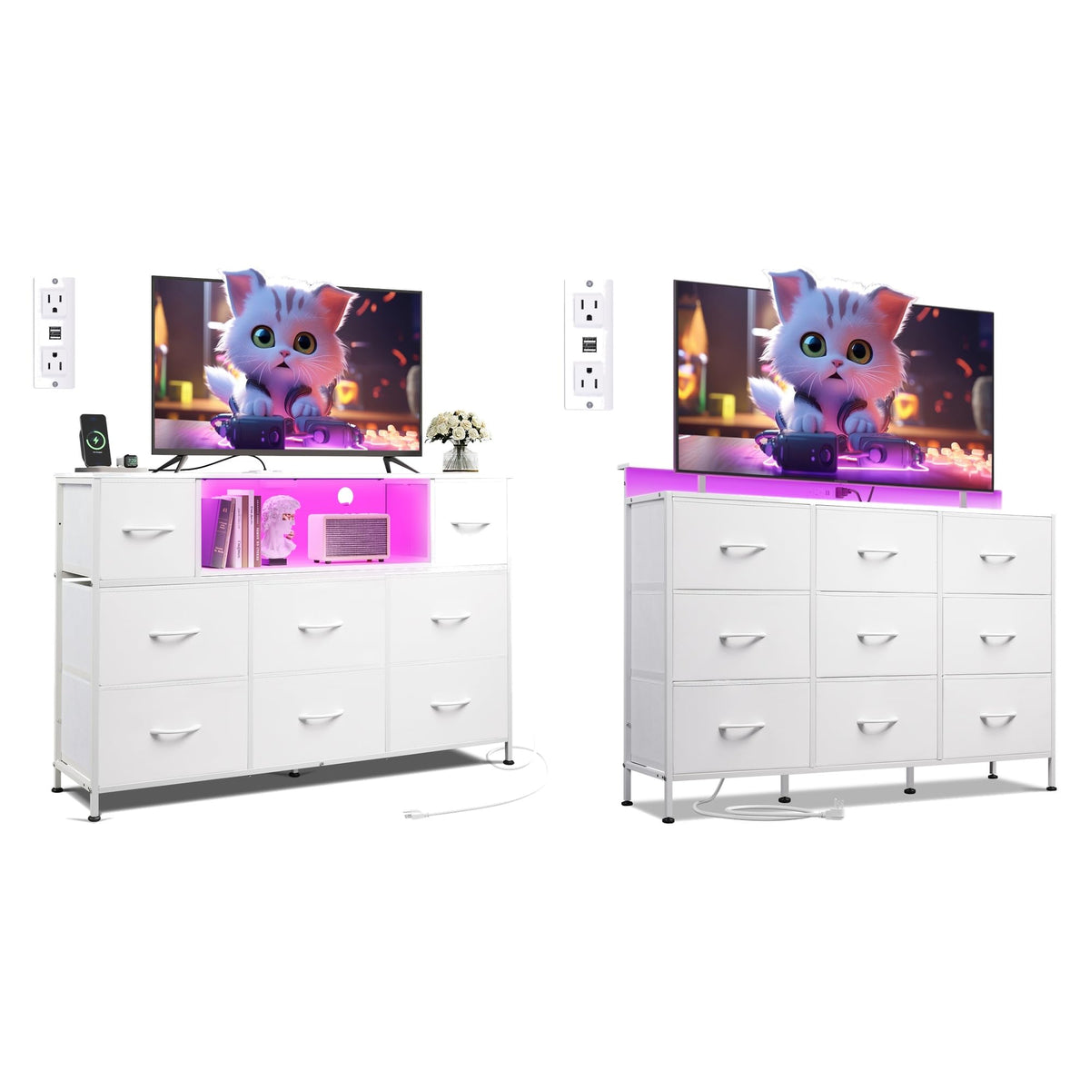 White 2-Piece TV Stand Dresser with 8+9 Fabric Drawers H9778