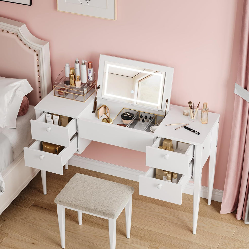 White Makeup Vanity Desk with Flip Top Mirror and Chair Q129