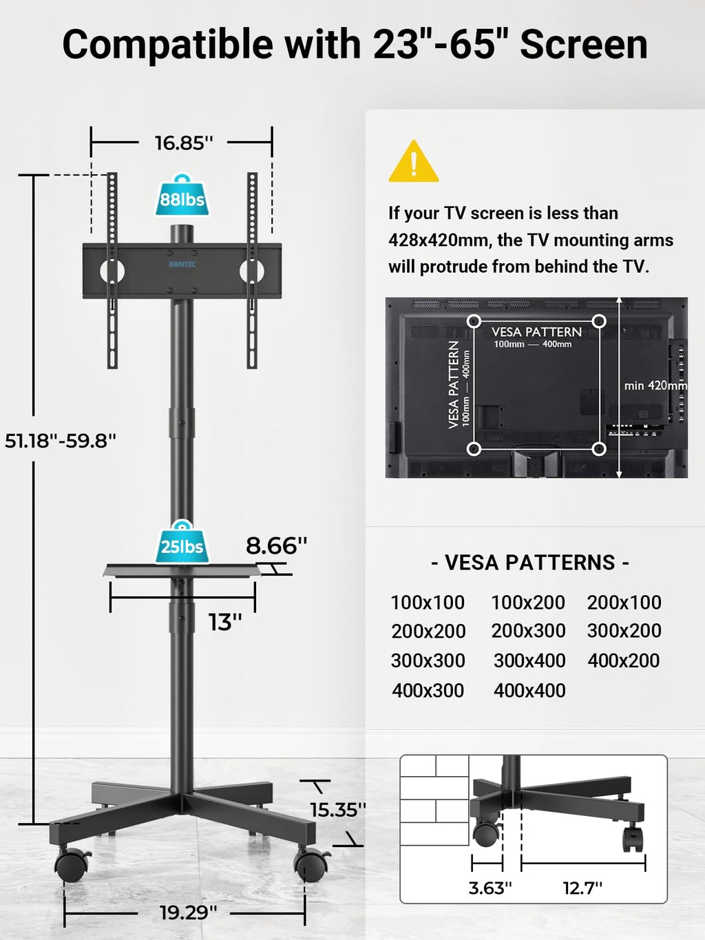 Black Rolling TV Stand for 23-65 Inch TVs O971324
