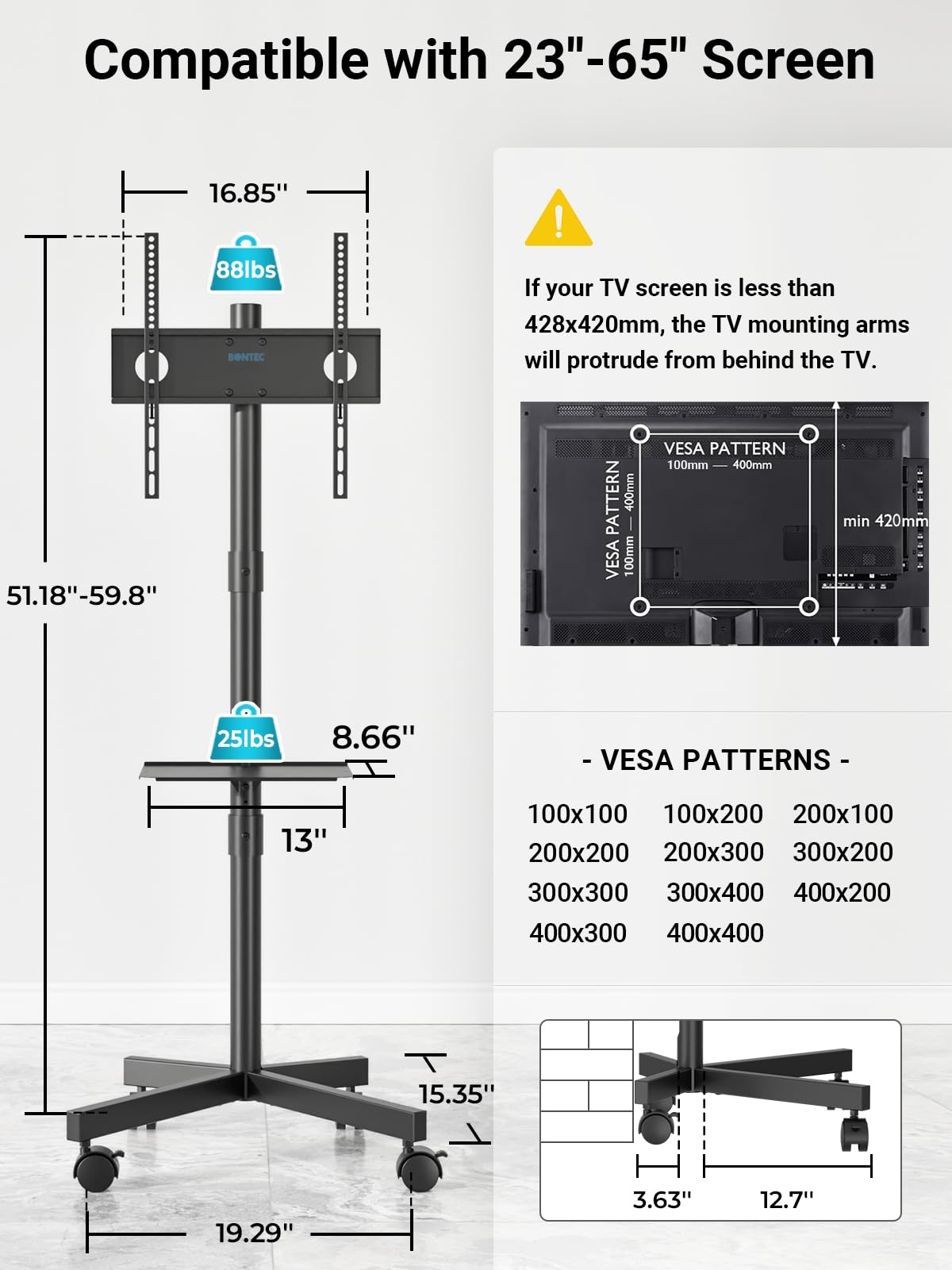 Black Rolling TV Stand for 23-65 Inch TVs O971324
