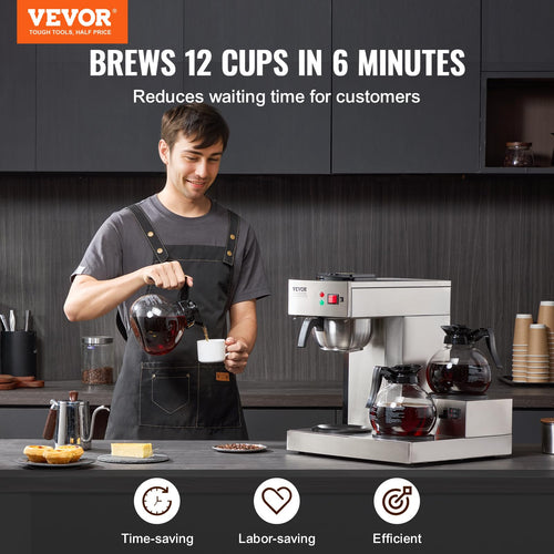 12 Cups Commercial Drip Coffee Maker with 3 Glass Carafes and Warmer Plates W856253
