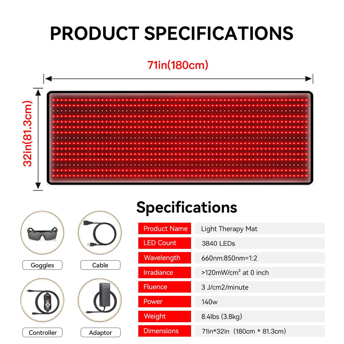 Red Light Therapy Mat 3840pcs LED 660nm 850nm 71''x 32'' E156
