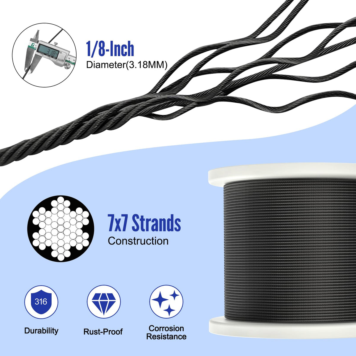 1000FT 1/8" Black Stainless Steel Cable with Cutter Y409427