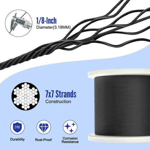 1000FT 1/8" Black Stainless Steel Cable with Cutter Y409427