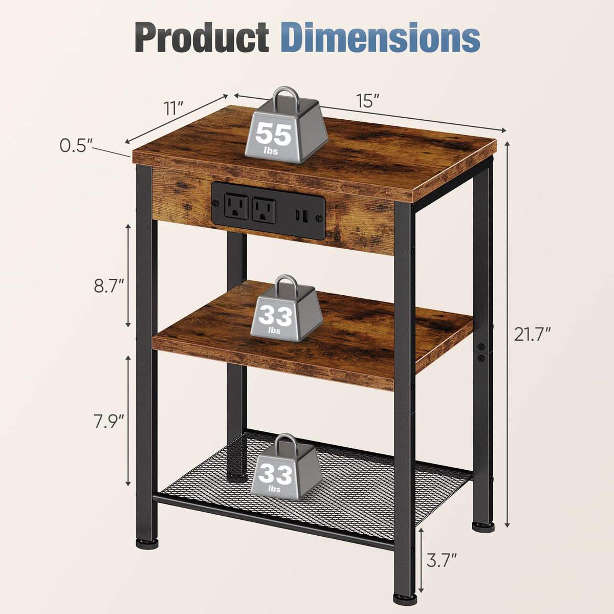 Nightstand with Charging Station, 3-Tier Bedside Table Y6674