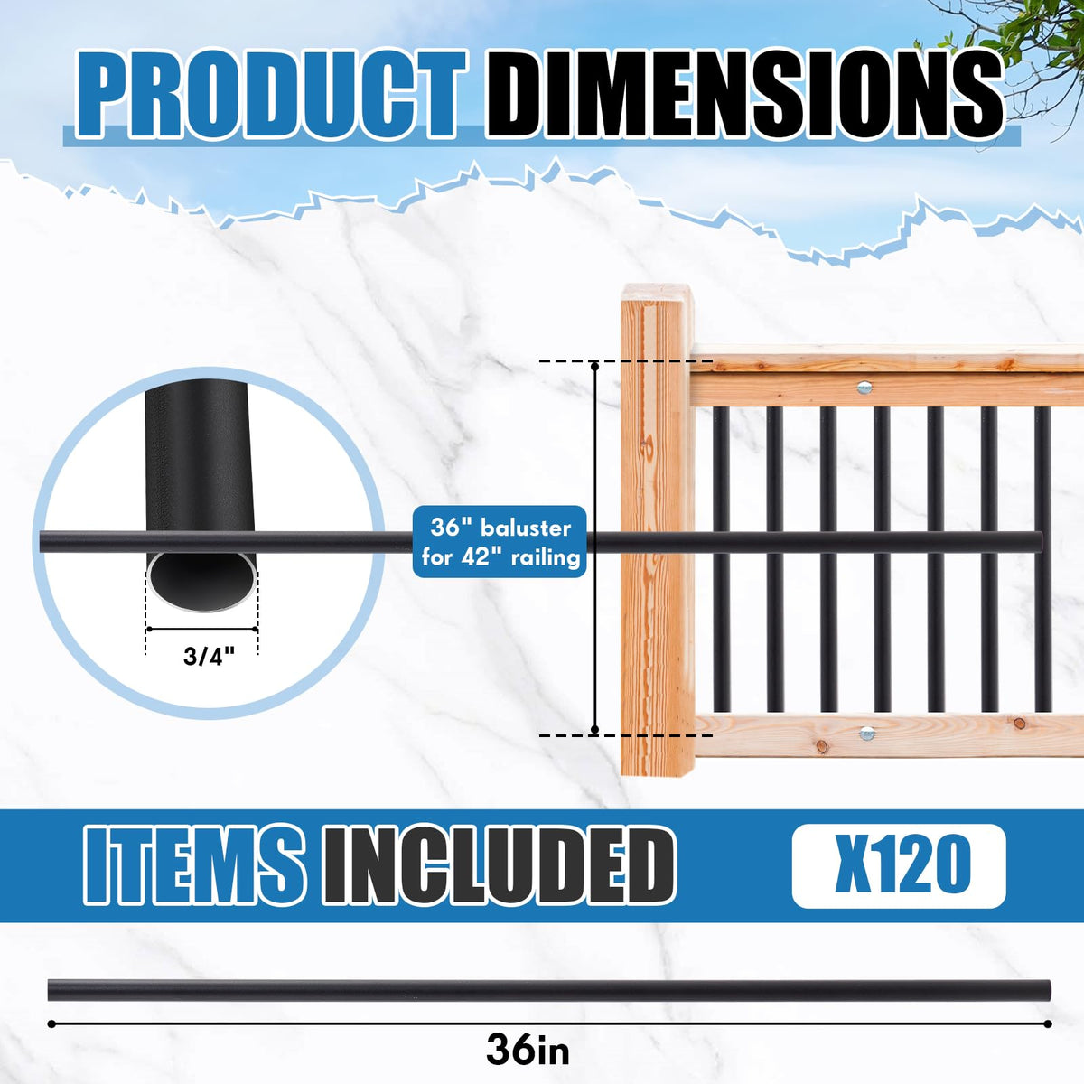 Aluminum Black Metal Deck Balusters 36"x 3/4" 120 Pcs Q943649
