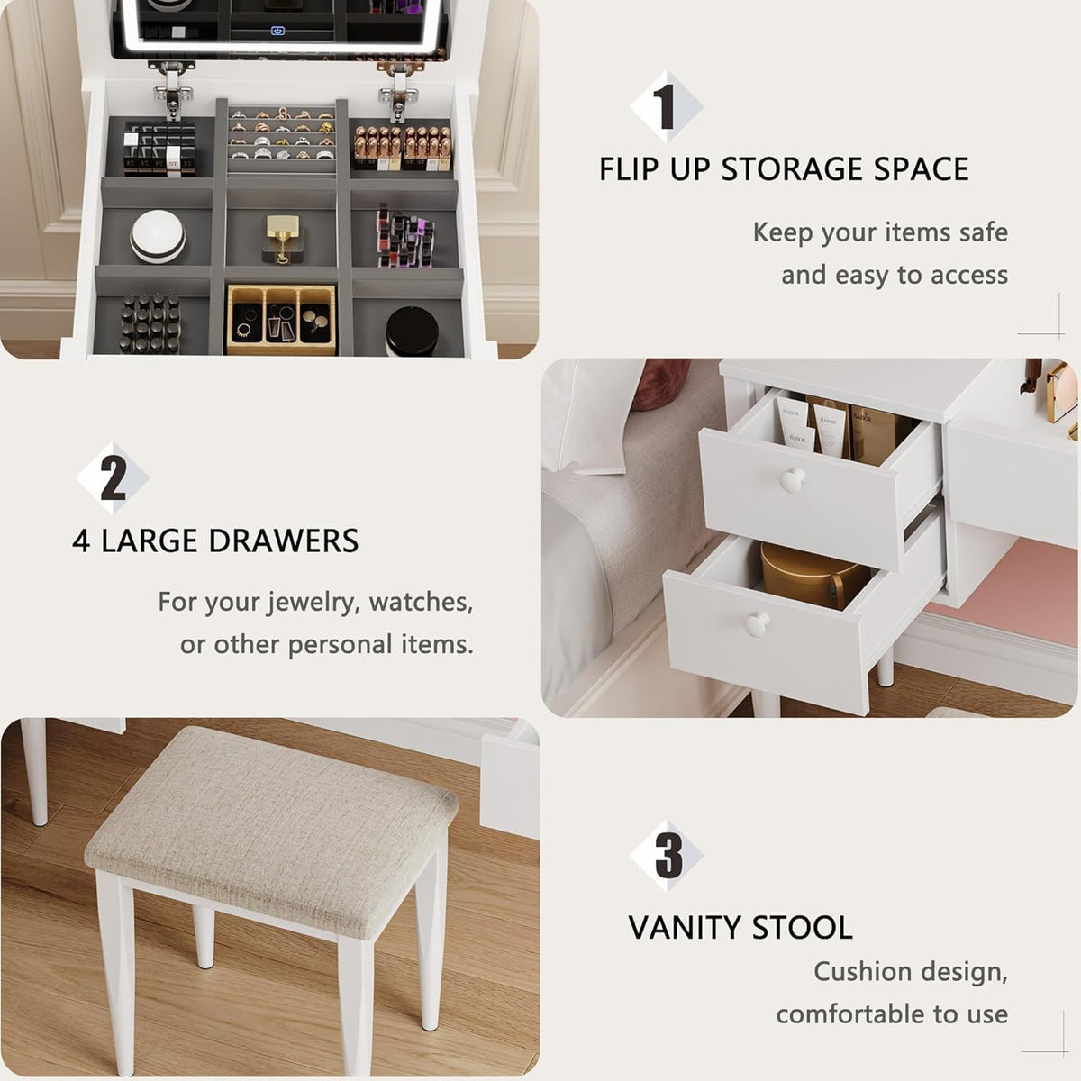 White Makeup Vanity Desk with Flip Top Mirror and Chair Q129