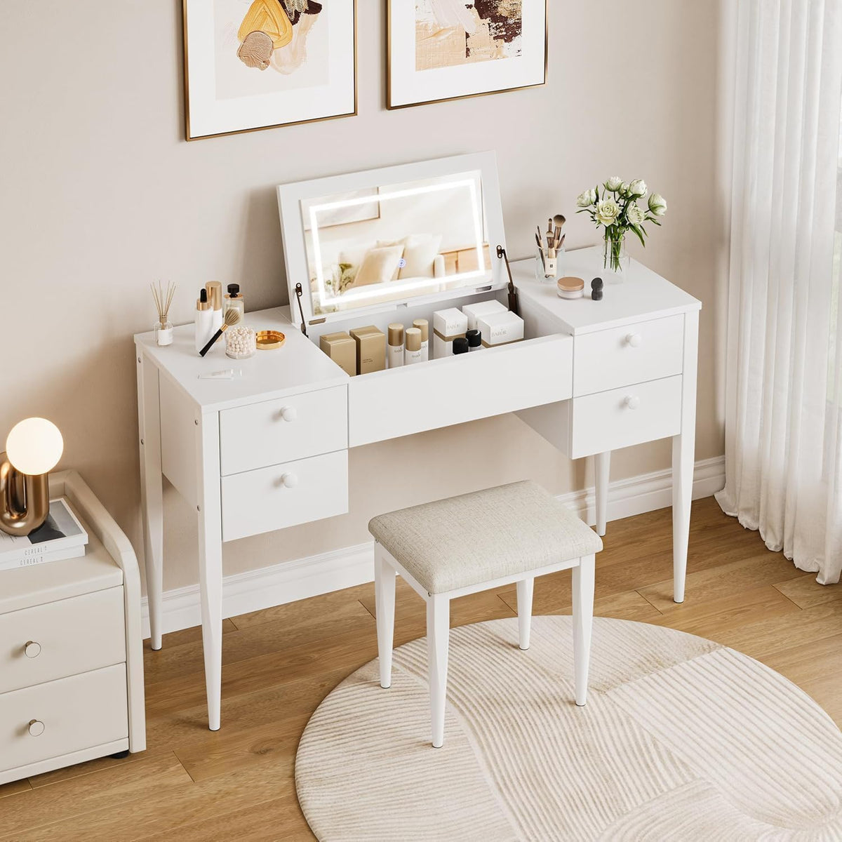 White Makeup Vanity Desk with Flip Top Mirror and Chair Q129