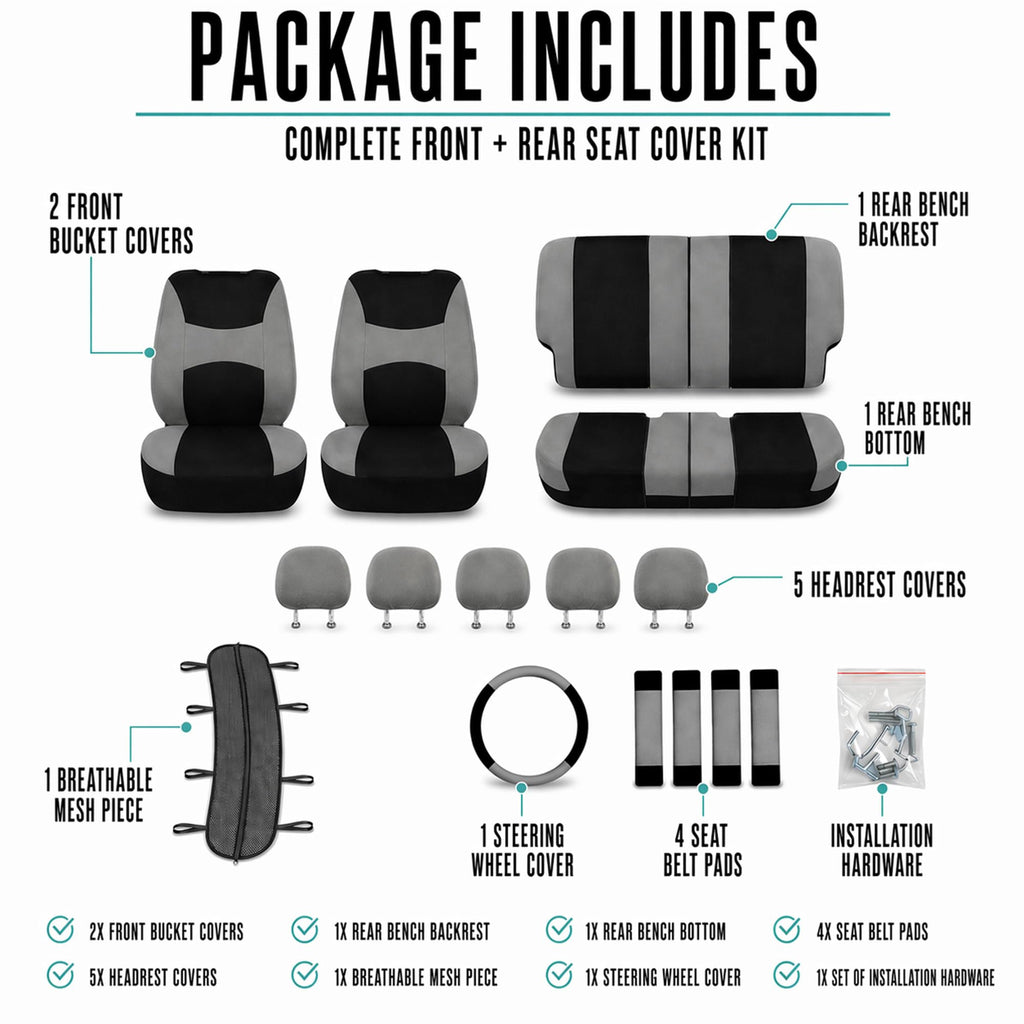 Gray Black Universal Fit Automotive Seat Covers Combo Set with Steering Wheel Cover and Seat Belt Pad P28453