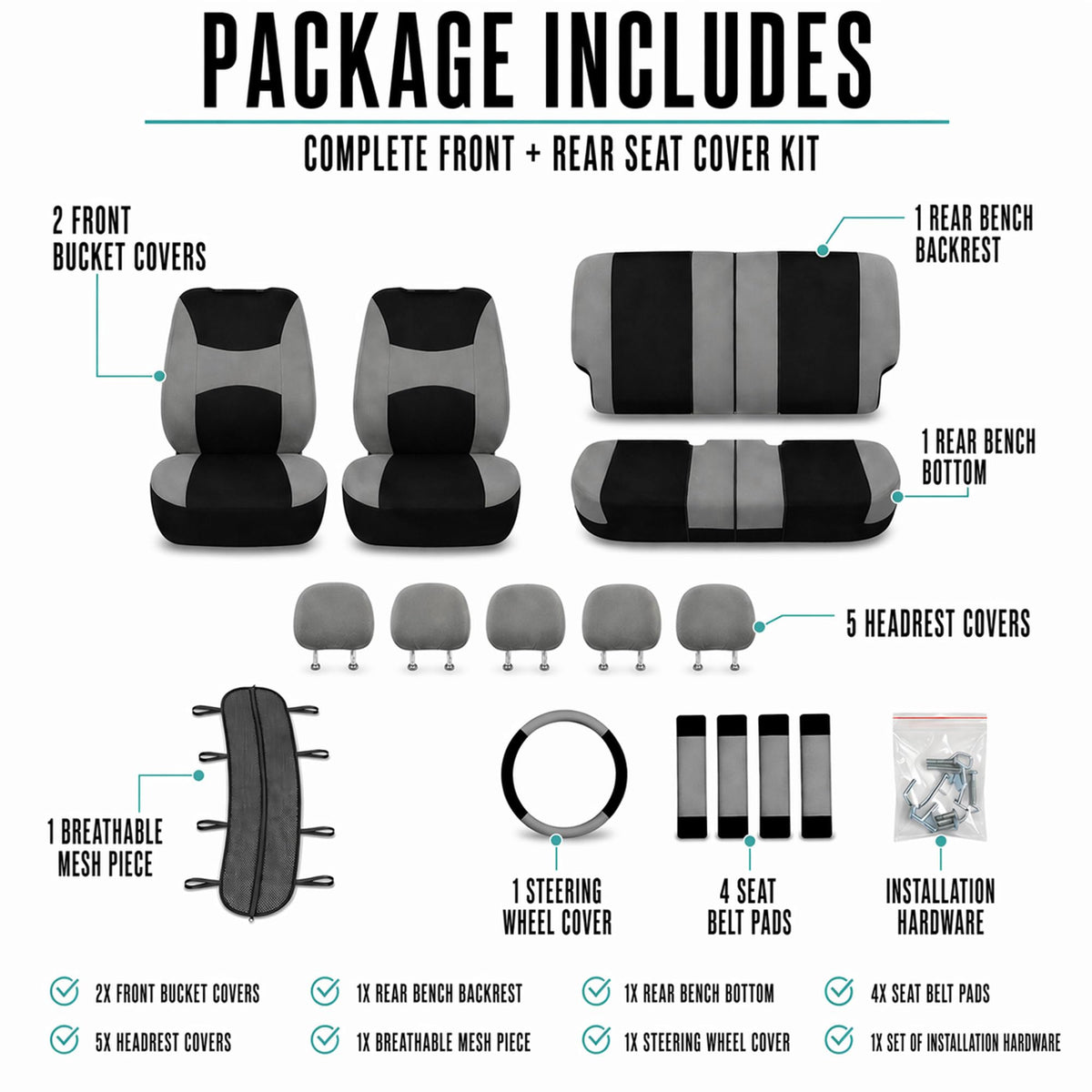 Gray Black Universal Fit Automotive Seat Covers Combo Set with Steering Wheel Cover and Seat Belt Pad P28453