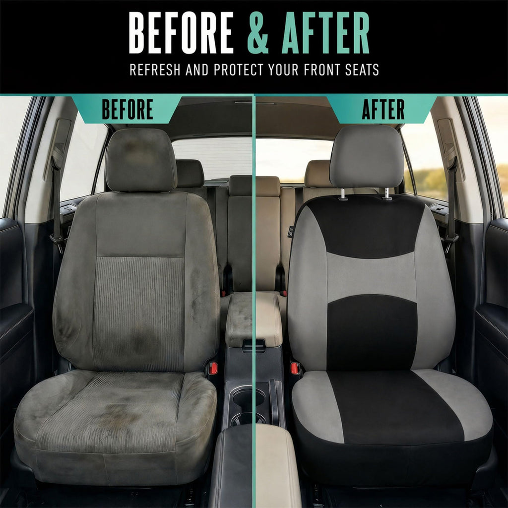 Gray Black Universal Fit Automotive Seat Covers Combo Set with Steering Wheel Cover and Seat Belt Pad P28453